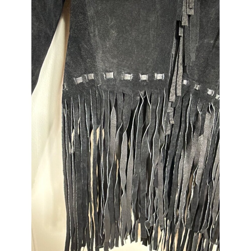 Vintage Womens Genuine Leather Black Fringe Jacket With Turquoise Bead Accents S - Picture 9 of 16